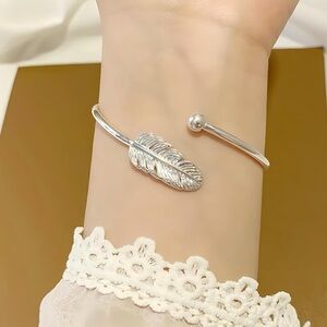 925 Sterling Silver Angel Feather Cuff Bracelet | Adjustable Lucky Bangle